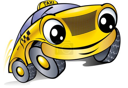 Téléchargez les illustrations : Dessin animé heureux jaune taxi voiture, illustration vectorielle - en licence libre de droit