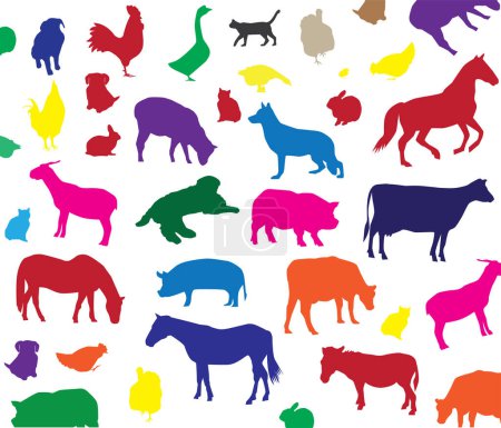 Téléchargez les illustrations : Motif sans couture avec des silhouettes d'animaux colorés, illustration vectorielle - en licence libre de droit