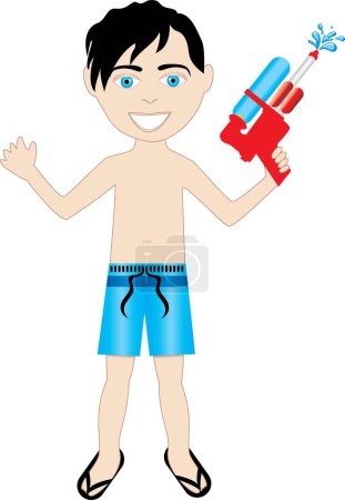 Ilustración de Vector de muchacho de pelo negro en traje de baño con watergun. - Imagen libre de derechos