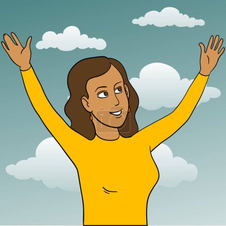 Illustration for Young woman smiling and raising hands, vector illustration - Royalty Free Image
