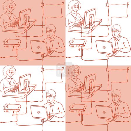 Téléchargez les illustrations : Ensemble de personnes utilisant un ordinateur portable et travaillant sur des ordinateurs. illustrations vectorielles. style linéaire. - en licence libre de droit