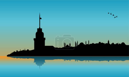 Téléchargez les illustrations : Illustration vectorielle de silhouette skyline de la ville avec un lac - en licence libre de droit