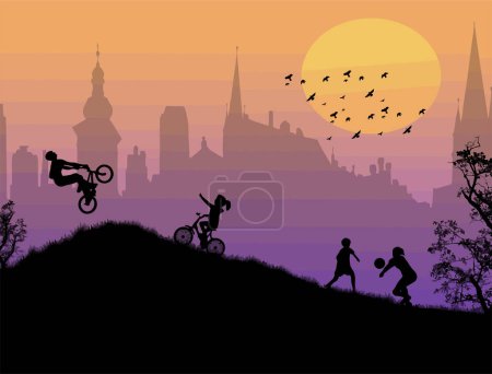 Illustration for Silhouettes of people having active leisure on sunset background. - Royalty Free Image