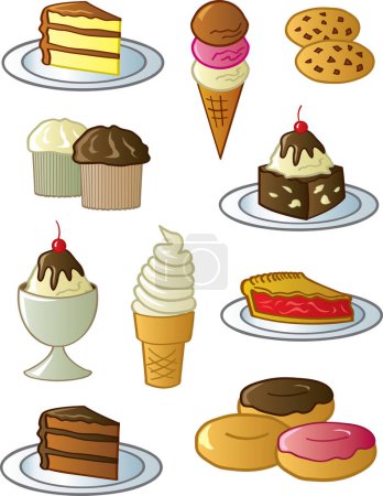 Téléchargez les illustrations : Ensemble vectoriel d'icônes alimentaires sucrées et savoureuses - en licence libre de droit