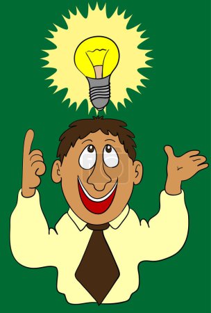 Téléchargez les illustrations : Personnage de dessin animé montrant une idée avec une ampoule - en licence libre de droit
