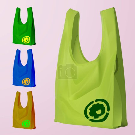 Téléchargez les illustrations : Ensemble vectoriel de sacs en plastique avec panneau de recyclage. respectueux de l'environnement - en licence libre de droit