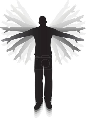 Illustration for Editable vector silhouette of a man flapping his arms trying to fly - Royalty Free Image