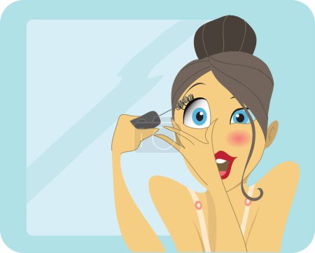 Illustration for Vector illustration of a cute brunette with large blue eyes applying mascara or eyeliner in a mirror, with a funny look on her face. - Royalty Free Image