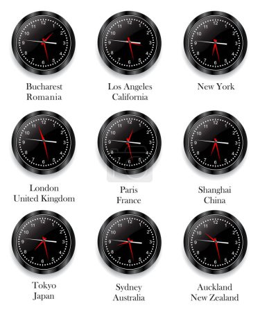 Téléchargez les illustrations : Villes du monde et les horloges sur fond blanc - en licence libre de droit