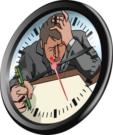 Illustration for Conceptual piece. A man looking very stressed and under pressure working in clock face - Royalty Free Image