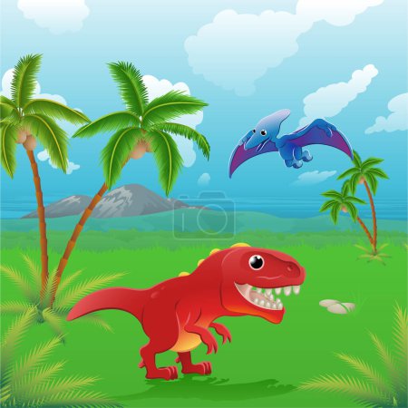 Téléchargez les illustrations : Illustration d'un dinosaure dans la jungle, illustration vectorielle - en licence libre de droit