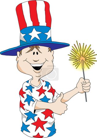 Illustration for Cartoon image of a boy wearing a Uncle Sam hat holding a sparkler. - Royalty Free Image
