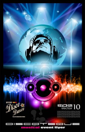 Téléchargez les illustrations : Affiche de fête vectorielle avec des éléments de musique sur le fond disco. - en licence libre de droit