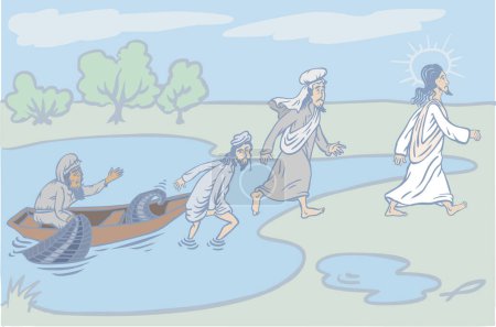 Illustration for People on river. cartoon illustration of people, old men and men in water, vector illustration - Royalty Free Image