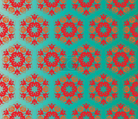 Illustration for Oriental style seamless pattern with red and orange flowers on a gradient green background - Royalty Free Image