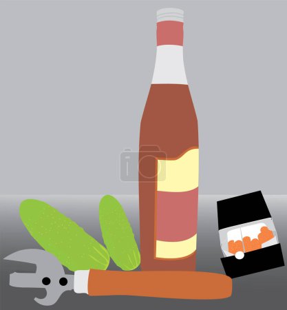 Téléchargez les illustrations : Bouteille de bière et saucisses sur fond blanc. illustration vectorielle. - en licence libre de droit
