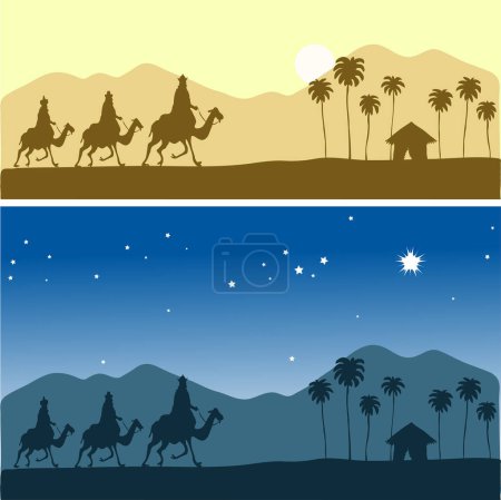 Téléchargez les illustrations : Ensemble de cartes de Noël. paysage de Noël. arbres de Noël, montagnes, lune et étoiles. illustration vectorielle. - en licence libre de droit