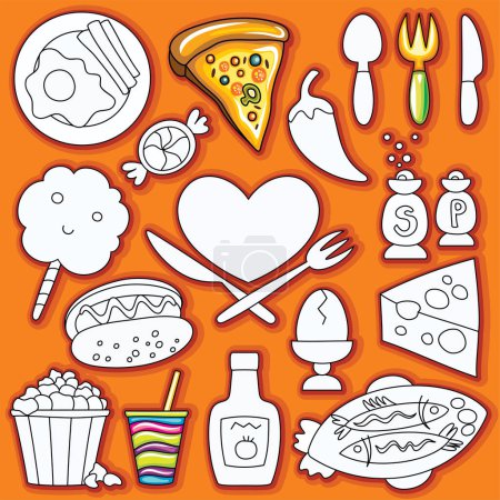 Téléchargez les illustrations : Jeu vectoriel d'icônes alimentaires, illustration vectorielle - en licence libre de droit