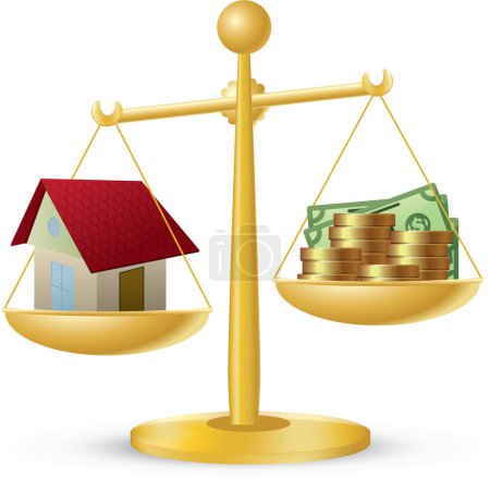 Téléchargez les illustrations : 3 d illustration de l'argent et de la maison à l'échelle - en licence libre de droit