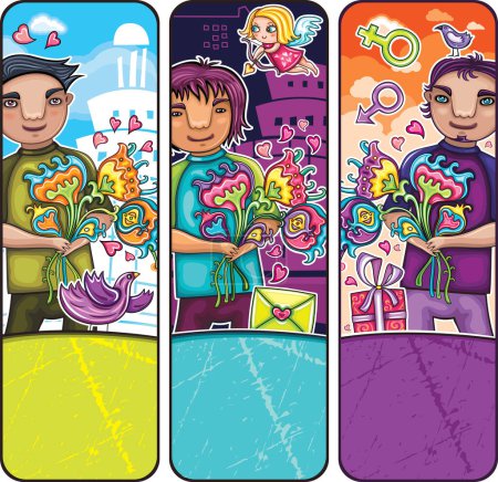 Ilustración de Vector conjunto de fiesta de cumpleaños feliz con fondos coloridos para el texto. - Imagen libre de derechos