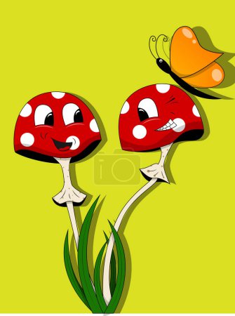 Ilustración de Ilustración vectorial de dibujos animados hongos divertidos con una mariposa - Imagen libre de derechos