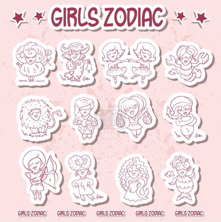 Illustration for Set of cute girls with different zodiac signs. vector. - Royalty Free Image