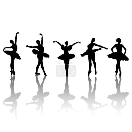 Téléchargez les illustrations : Cinq silhouettes de danseurs de ballet dans différentes positions, illustration vectorielle - en licence libre de droit