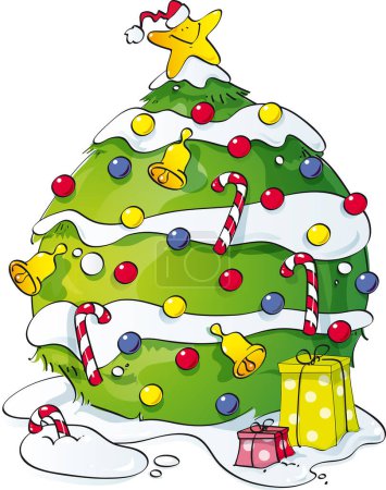 Téléchargez les illustrations : Arbre de Noël avec cloches, boules, bonbons et étoiles - en licence libre de droit