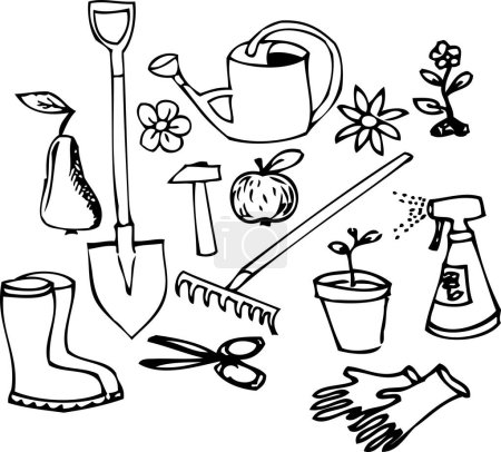 Téléchargez les illustrations : Ensemble d'éléments de jardinage et de printemps. illustration vectorielle - en licence libre de droit