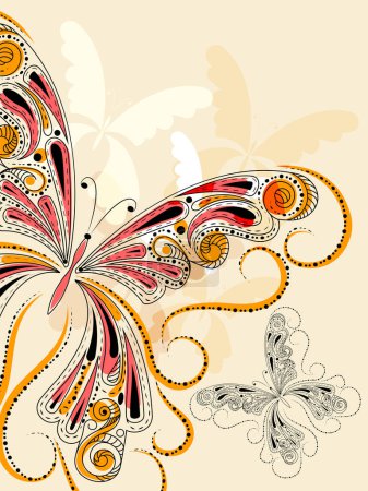 Téléchargez les illustrations : Vecteur lumineux papillons sur fond floral - en licence libre de droit