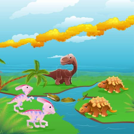 Illustration for Cute dinosaurs in prehistoric scene. Series of three illustrations that can be used separately or side by side to form panoramic landscape. - Royalty Free Image