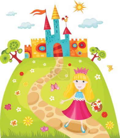 Téléchargez les illustrations : Fille mignonne avec château et fleurs - en licence libre de droit