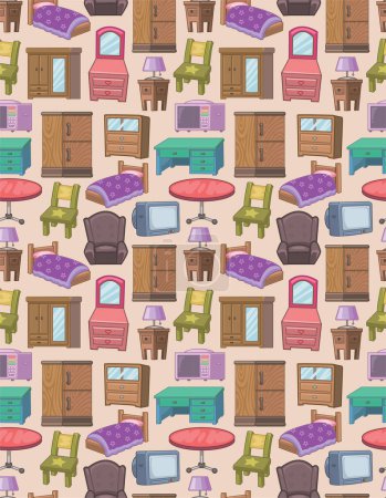 Illustration for Cartoon seamless pattern with colorful hand drawn furniture. - Royalty Free Image