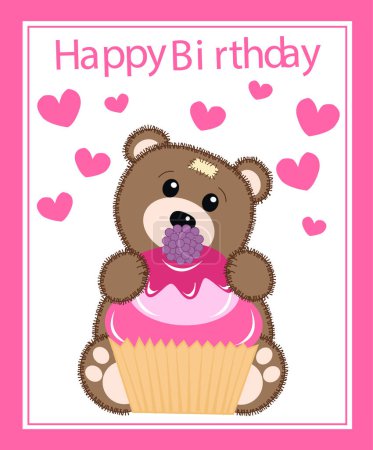 Téléchargez les illustrations : Carte d'anniversaire avec ours dessin animé mignon - en licence libre de droit