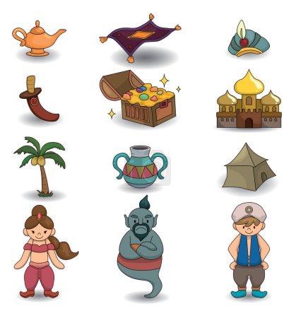 Ilustración de Lámpara de dibujos animados de Aladdin iconos - Imagen libre de derechos