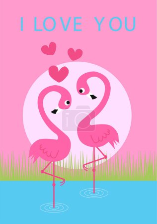 Ilustración de Dos pájaros flamencos sobre fondo rosa. tarjeta de día de San Valentín - Imagen libre de derechos