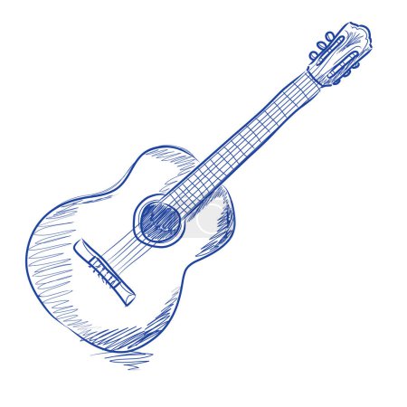 Téléchargez les illustrations : Croquis vectoriel d'une guitare acoustique à l'encre bleue - en licence libre de droit
