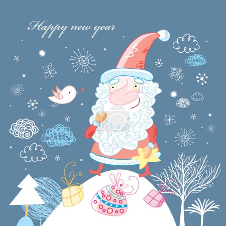 Téléchargez les illustrations : Mignon dessin animé Noël Père Noël claus avec un cadeau - en licence libre de droit