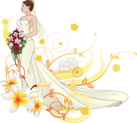 Téléchargez les illustrations : Mariée dans une robe de mariée avec bouquet. illustration en format vectoriel - en licence libre de droit