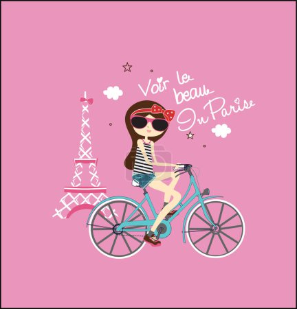 Ilustración de Linda niña montar en bicicleta con torre eiffel en el fondo - Imagen libre de derechos