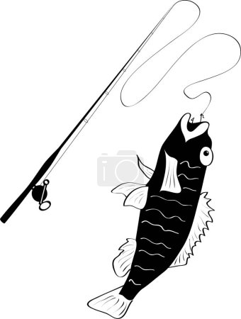 Ilustración de Ilustración en blanco y negro de un pez con una caña - Imagen libre de derechos