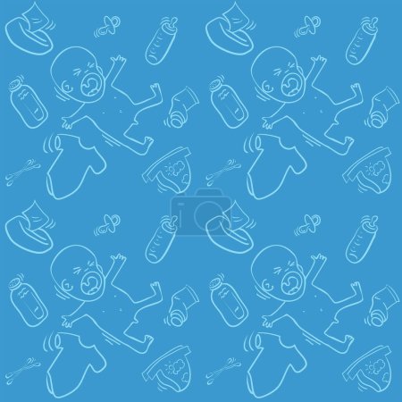 Illustration for Seamless pattern with baby and baby bottles, vector illustration - Royalty Free Image
