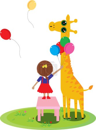 Ilustración de Niña linda dando globos brillantes a la jirafa, diseño de vectores de dibujos animados - Imagen libre de derechos
