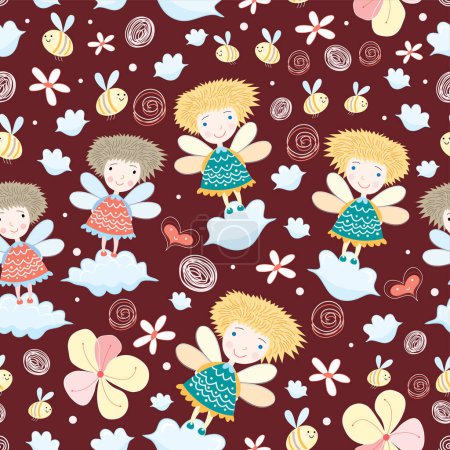 Ilustración de Lindas niñas y flores patrón, vector de ilustración - Imagen libre de derechos