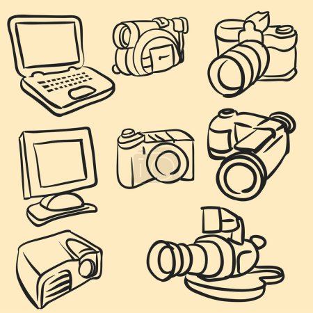 Téléchargez les illustrations : Jeu d'icônes vectorielles dessinées à la main de l'appareil photo numérique et des accessoires. - en licence libre de droit