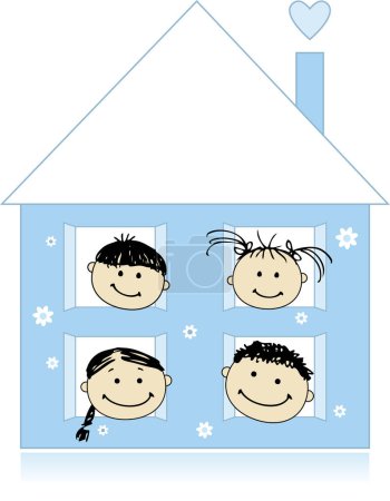 Ilustración de Niños en una habitación con ventana - Imagen libre de derechos