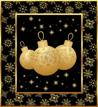 Illustration for Vector golden and red christmas background with golden balls and snowflakes - Royalty Free Image
