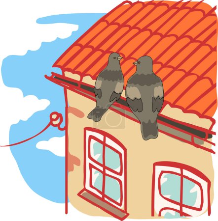 Téléchargez les illustrations : Maison avec des oiseaux sur le toit. illustration vectorielle - en licence libre de droit