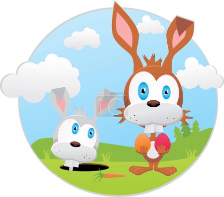 Téléchargez les illustrations : Lapins aux œufs de Pâques, illustration vectorielle - en licence libre de droit