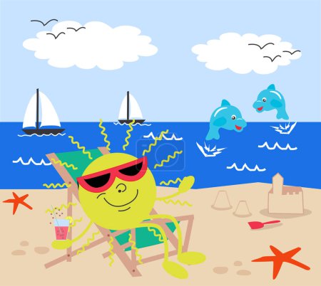 Ilustración de Playa de verano con personaje de dibujos animados. vector - Imagen libre de derechos